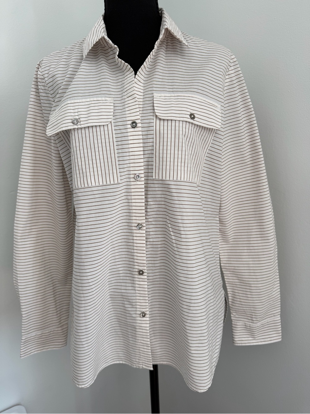 NWT NIC+ZOE Striped Cotton Utility Button Down Shirt S Neutral